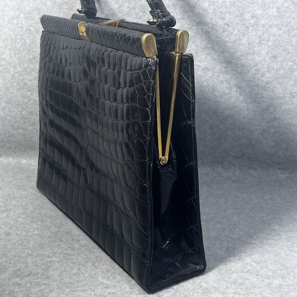 Vintage Crocodile Embossed Leather Top Handle Bag Womens Purse 60s Retro USA‎ - Picture 6 of 16